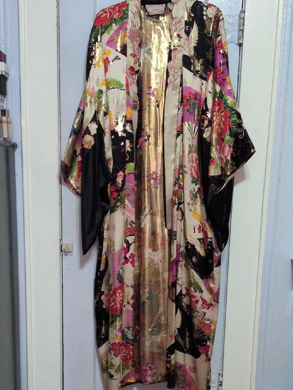 Frederick's of Hollywood Gold Metallic Brocade Kimono with Multicolor Embroidery